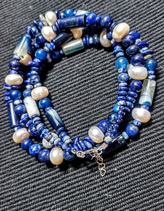 Colier argint X2 lapis lazuli perle naturale de cultura agat boho chic trendy - Transport gratuit