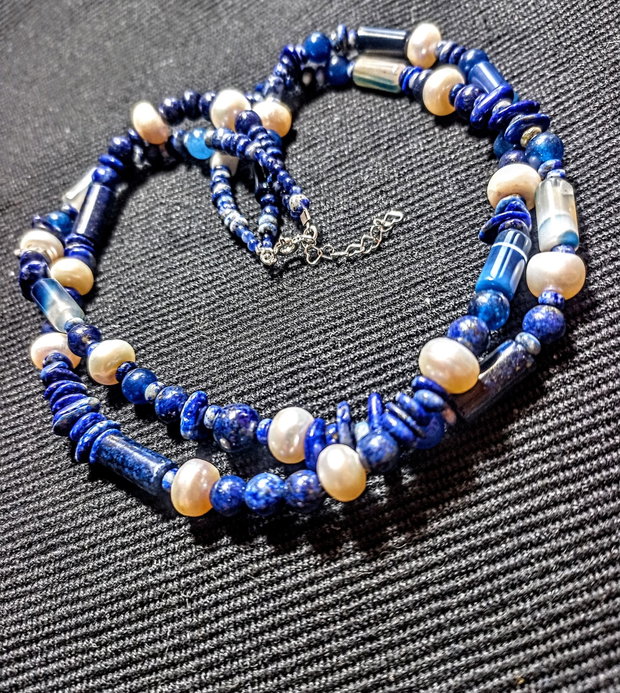 Colier argint X2 lapis lazuli perle naturale de cultura agat boho chic trendy - Transport gratuit