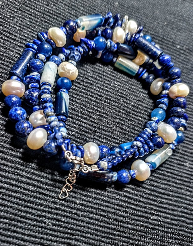 Colier argint X2 lapis lazuli perle naturale de cultura agat boho chic trendy - Transport gratuit