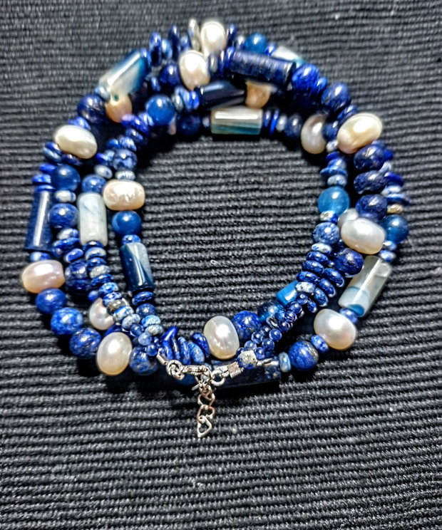Colier argint X2 lapis lazuli perle naturale de cultura agat boho chic trendy - Transport gratuit