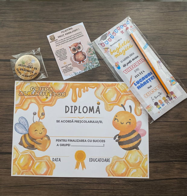 Set Personalizat de Absolvire Grădiniță Diplomă, Insignă, Creion și Sticker cu Bufnița Înțelepciunii