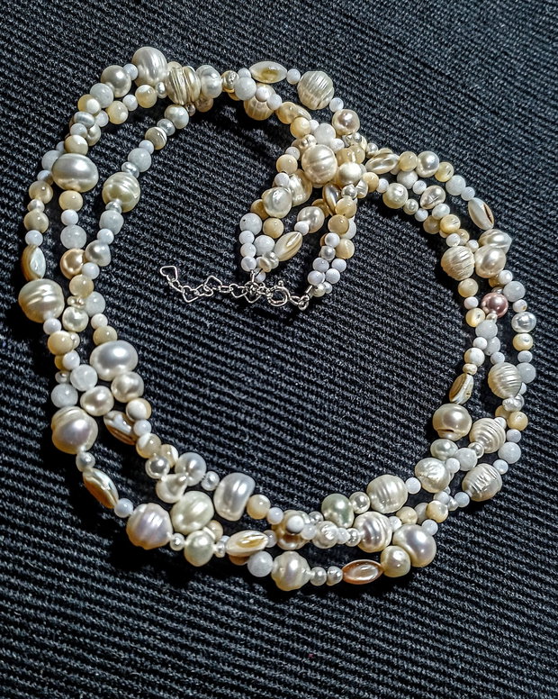 Colier argint X3 perle naturale de cultura sidef jad boho chic trendy - Transport gratuit