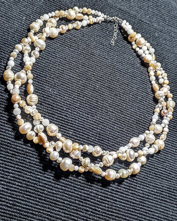 Colier argint X3 perle naturale de cultura sidef jad boho chic trendy - Transport gratuit