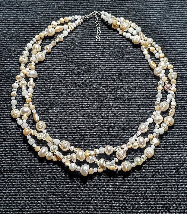 Colier argint X3 perle naturale de cultura sidef jad boho chic trendy - Transport gratuit