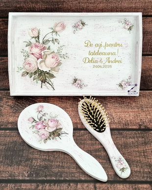 Set gatitul miresei, set vintage mireasa, set perie si oglinda, set tava mireasa, set nunta, set shabby chic, tava mireasa