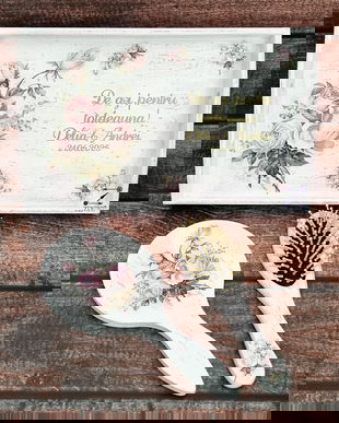 Set gatitul miresei, set vintage mireasa, set perie si oglinda, set tava mireasa, set nunta, set shabby chic, tava mireasa