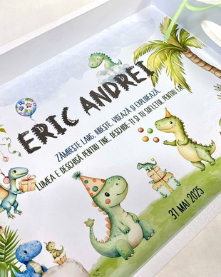 Set aniversar personalizat 1 anisor - Dino Birthday - Tavita mot si accesorii