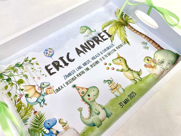 Set aniversar personalizat 1 anisor - Dino Birthday - Tavita mot si accesorii
