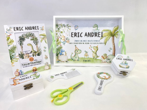 Set aniversar personalizat 1 anisor - Dino Birthday - Tavita mot si accesorii