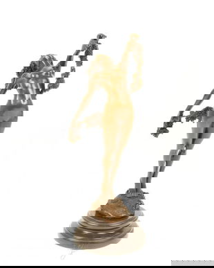 Femeie Bachus-statueta bronz pe soclu marmura