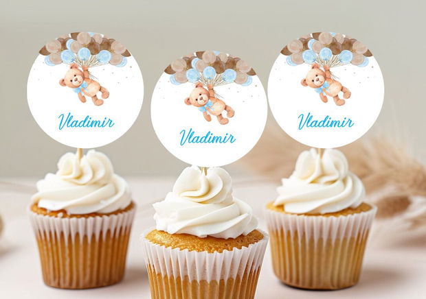 Toppere rotunde ursuleț cu baloane  personalizabile