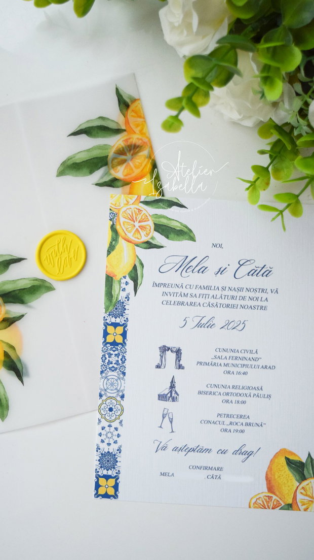 Invitație nuntă în stil mediteranean și lămâi învelită în hârtie calc decorat și sigiliu din ceară