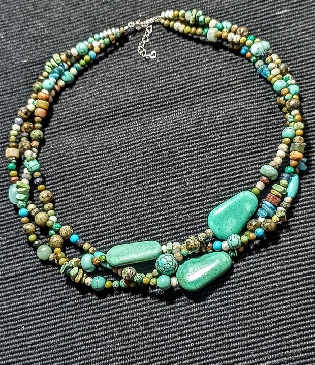 Colier argint X3 coral fosil agatizat turcoaz natural larimar jasp apatit amazonit magnezit boho chic trendy - Transport gratuit
