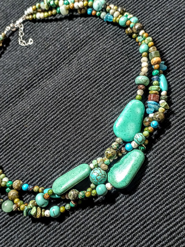 Colier argint X3 coral fosil agatizat turcoaz natural larimar jasp apatit amazonit magnezit boho chic trendy - Transport gratuit