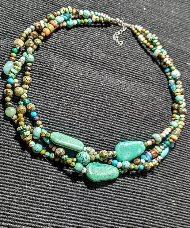 Colier argint X3 coral fosil agatizat turcoaz natural larimar jasp apatit amazonit magnezit boho chic trendy - Transport gratuit
