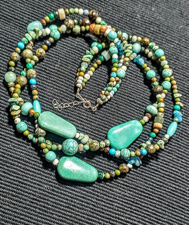 Colier argint X3 coral fosil agatizat turcoaz natural larimar jasp apatit amazonit magnezit boho chic trendy - Transport gratuit