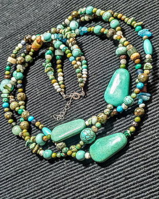 Colier argint X3 coral fosil agatizat turcoaz natural larimar jasp apatit amazonit magnezit boho chic trendy - Transport gratuit