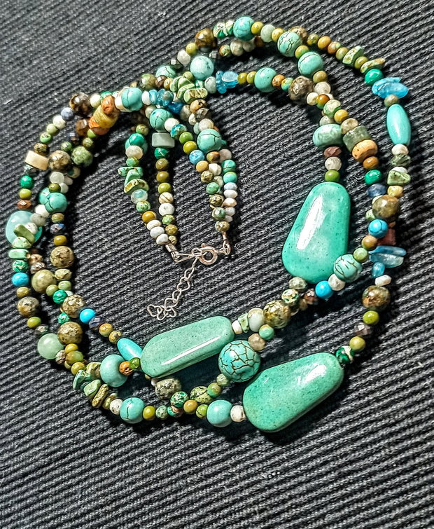 Colier argint X3 coral fosil agatizat turcoaz natural larimar jasp apatit amazonit magnezit boho chic trendy - Transport gratuit
