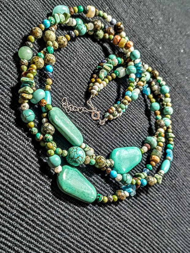 Colier argint X3 coral fosil agatizat turcoaz natural larimar jasp apatit amazonit magnezit boho chic trendy - Transport gratuit