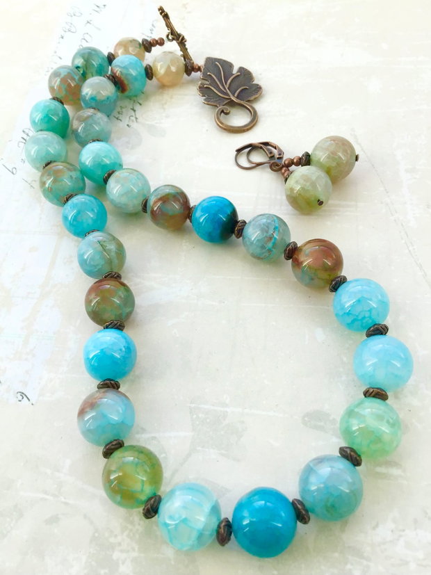 Colier vintage agate crackle bleu
