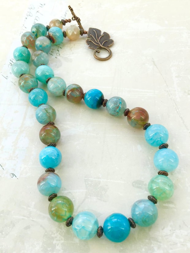 Colier vintage agate crackle bleu