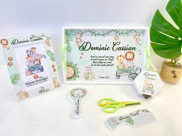 Set aniversar personalizat 1 anisor - Safari Adventure - Tavita mot si accesorii