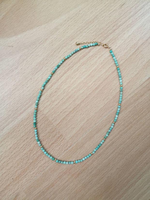 Colier din turcoaz natural, sfere fațetate 3.5 mm, cu bile, încuietoare și lanț de prelungire din argint