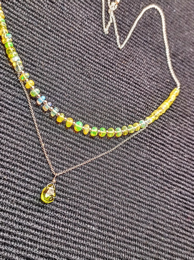 Colier argint opal de foc etiopian peridot brioleta lant argint minimalist boho chic trendy - Transport gratuit