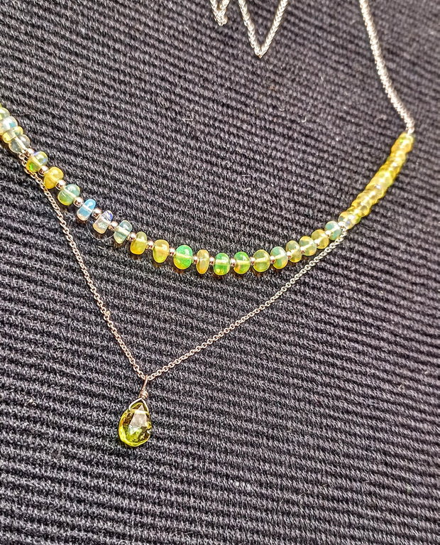 Colier argint opal de foc etiopian peridot brioleta lant argint minimalist boho chic trendy - Transport gratuit