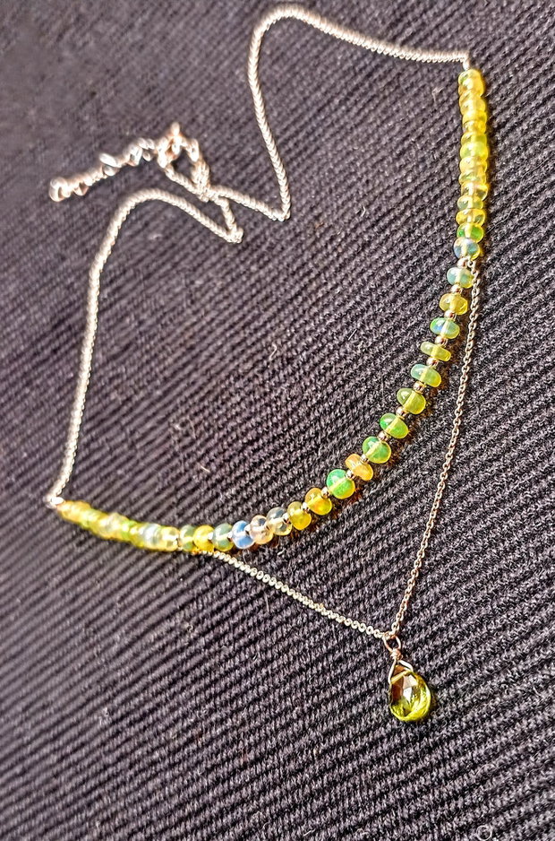 Colier argint opal de foc etiopian peridot brioleta lant argint minimalist boho chic trendy - Transport gratuit