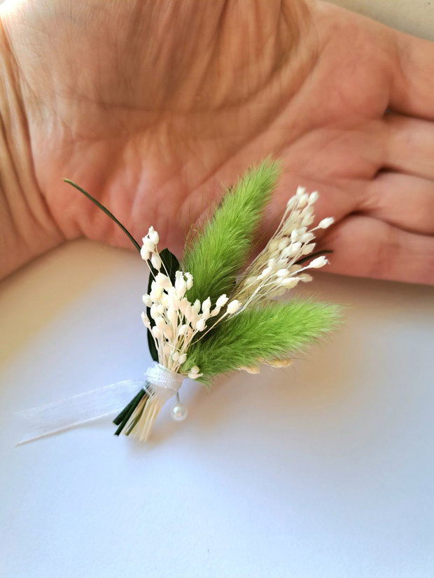 Cocarde mici invitați nuntă-flori naturale uscate și stabilizate, Lagurus Alb-Verde deschis