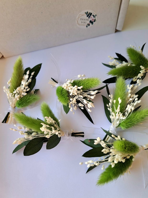 Cocarde mici invitați nuntă-flori naturale uscate și stabilizate, Lagurus Alb-Verde deschis
