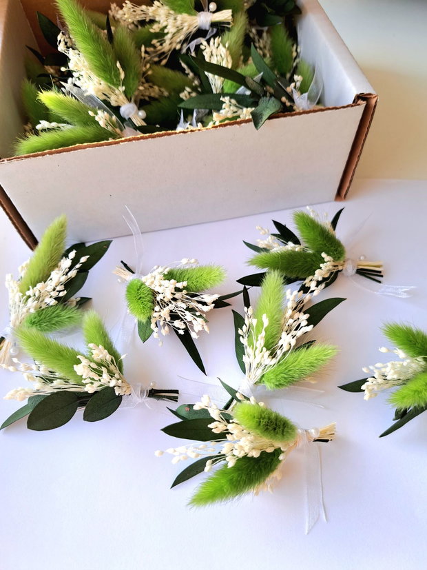 Cocarde mici invitați nuntă-flori naturale uscate și stabilizate, Lagurus Alb-Verde deschis