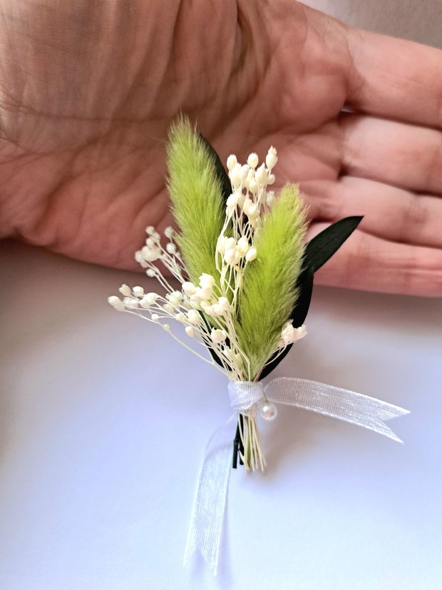 Cocarde mici invitați nuntă-flori naturale uscate și stabilizate, Lagurus Alb-Verde deschis