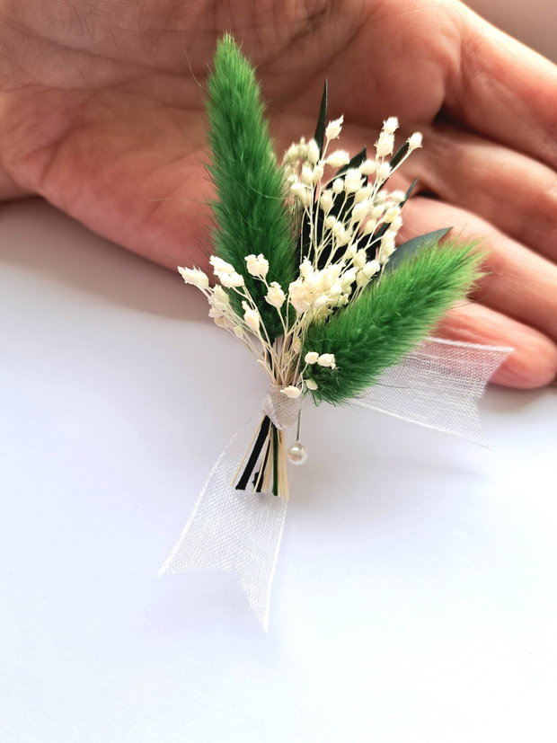 Cocarde mici invitați nuntă-flori naturale uscate și stabilizate, Lagurus Alb-Verde Smarald /Verde închis