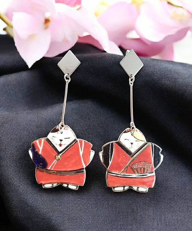 Cercei din portelan pictati manual - SAMURAI CATS