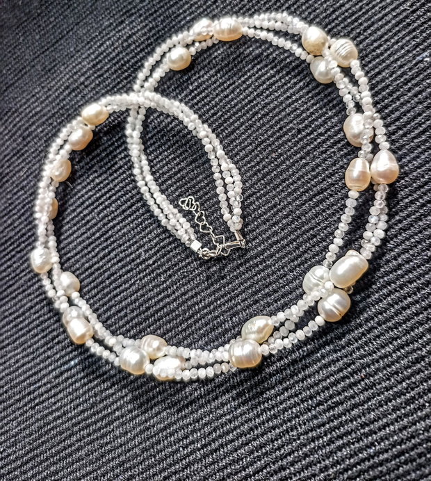 Colier argint X3 perle naturale de cultura piatra lunii alba minimalist boho chic trendy - Transport gratuit