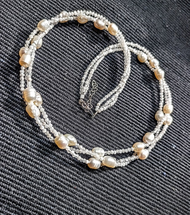 Colier argint X3 perle naturale de cultura piatra lunii alba minimalist boho chic trendy - Transport gratuit