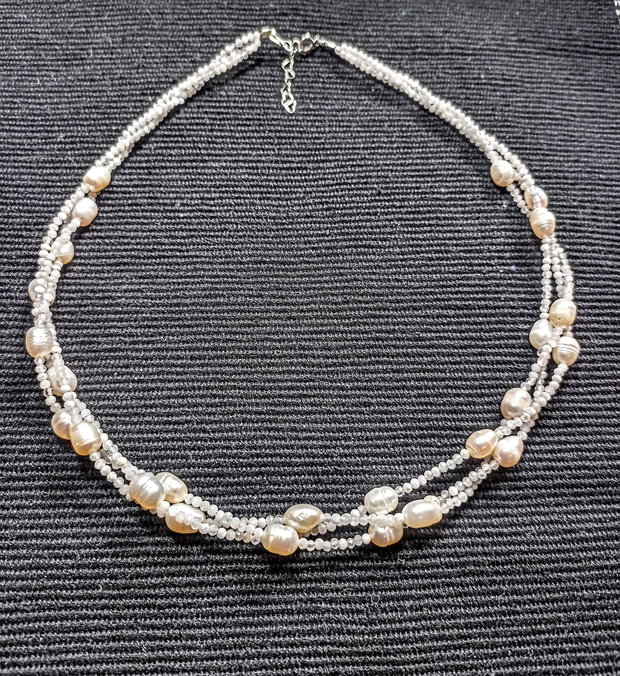 Colier argint X3 perle naturale de cultura piatra lunii alba minimalist boho chic trendy - Transport gratuit