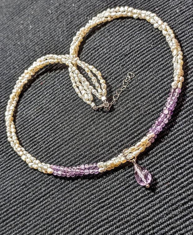 Colier argint X3 perle naturale de cultura seed ametist veracruz brioleta ametist minimalist boho chic trendy - Transport gratuit
