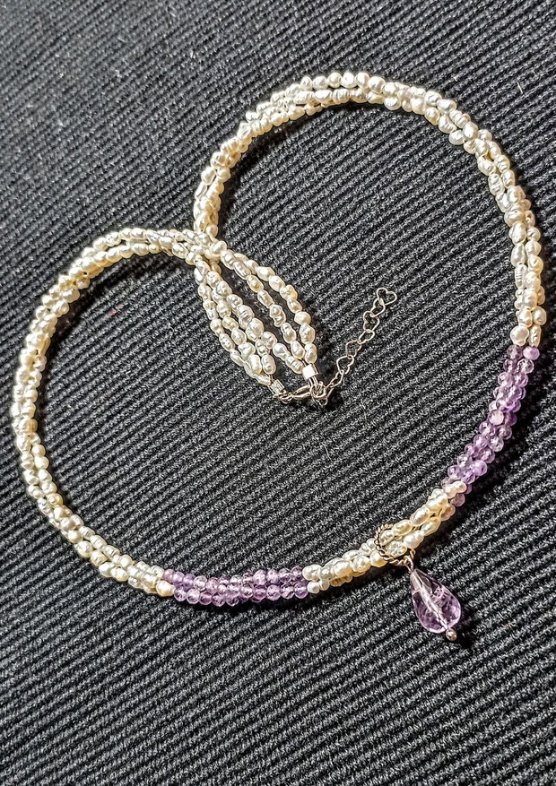 Colier argint X3 perle naturale de cultura seed ametist veracruz brioleta ametist minimalist boho chic trendy - Transport gratuit