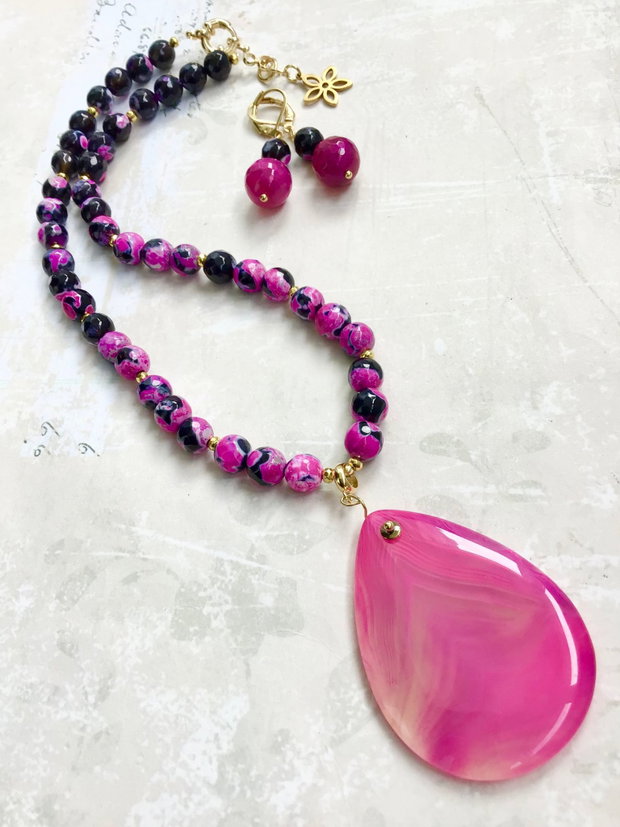 Colier agate roz ciclam & negre