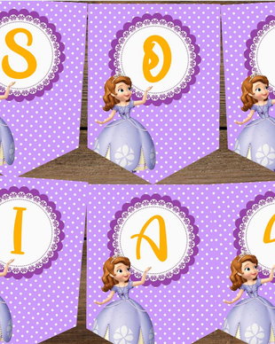 Ghirlandă Personalizată "Prințesa Sofia"  Decor Petrecere Fetițe, Botez, Aniversare  Mov cu Buline