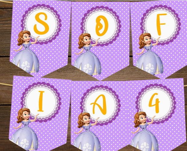Ghirlandă Personalizată "Prințesa Sofia" Decor Petrecere Fetițe, Botez, Aniversare Mov cu Buline