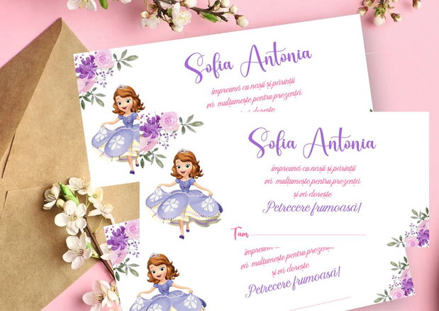Ghirlandă Personalizată "Prințesa Sofia" Decor Petrecere Fetițe, Botez, Aniversare Mov cu Buline