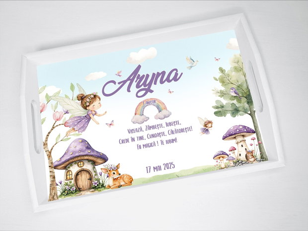 Set aniversar personalizat 1 anisor - Purple fairy land - Tavita turta si accesorii