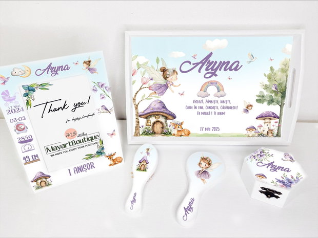 Set aniversar personalizat 1 anisor - Purple fairy land - Tavita turta si accesorii