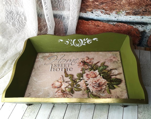 Tava decorativa vintage Home sweet home cu manere si picioruse