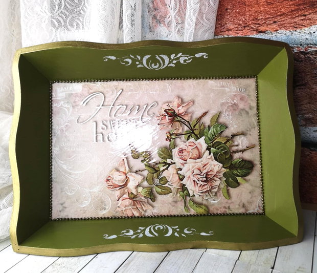 Tava decorativa vintage Home sweet home cu manere si picioruse