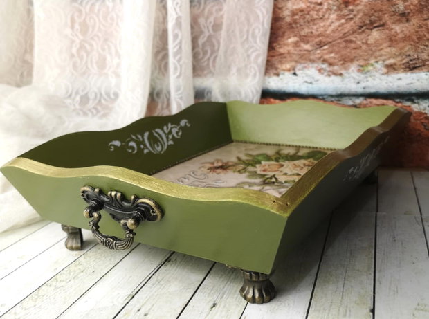 Tava decorativa vintage Home sweet home cu manere si picioruse